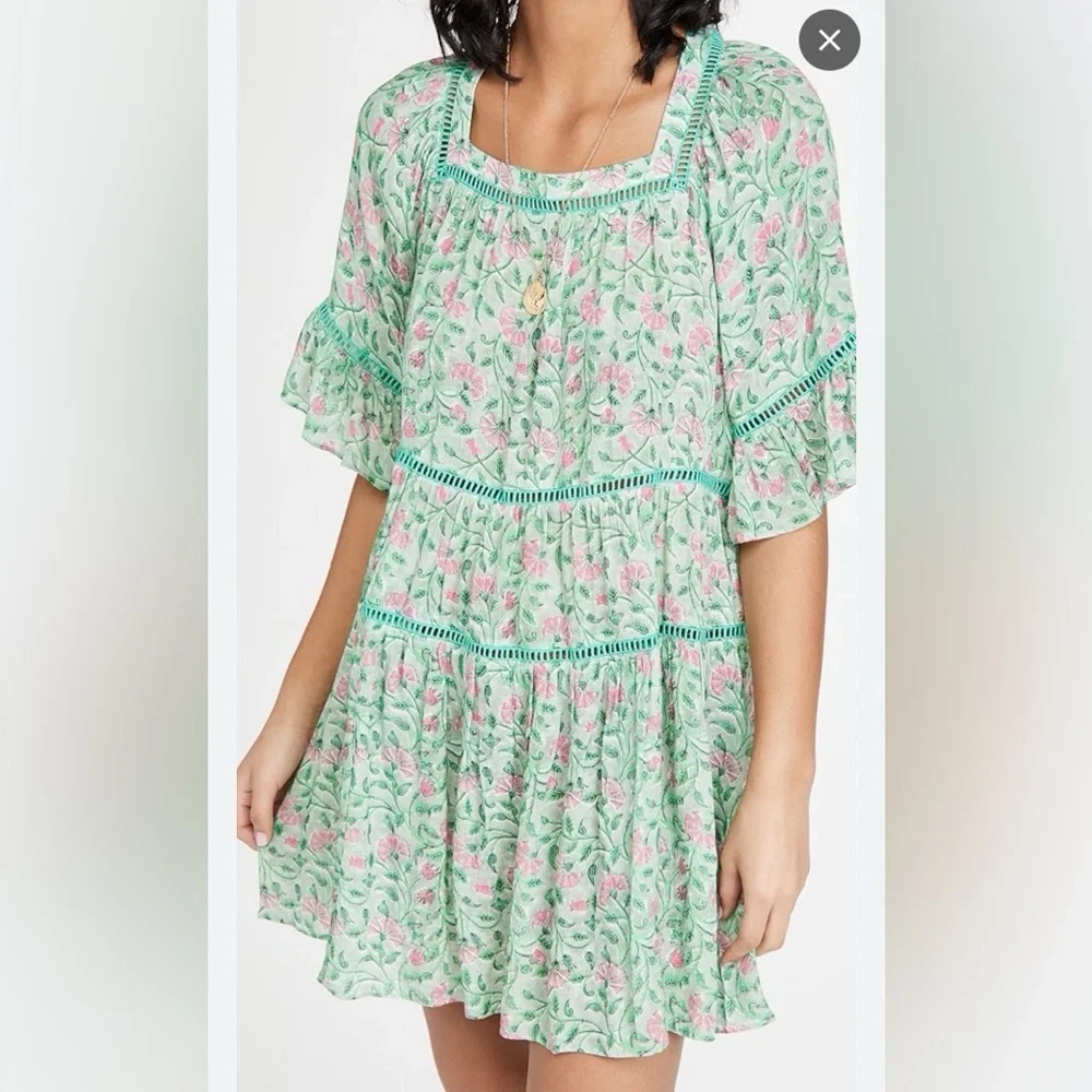 Playa Lucila Green Floral Mini Dress Ruffle Sleeve Boho Spring Summer Dress - Picture 2 of 10